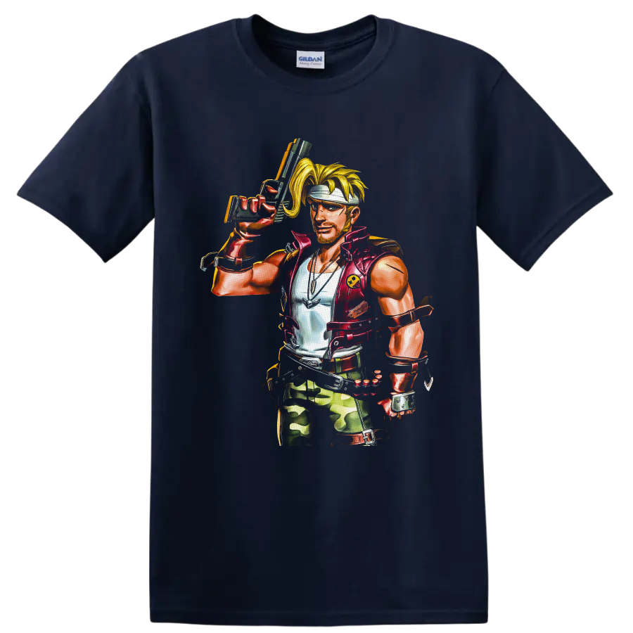 Marco Rossi retro arcade soldier illustration with headband, handgun, vest, and camo gear on a Navy (Blue) T Shirt