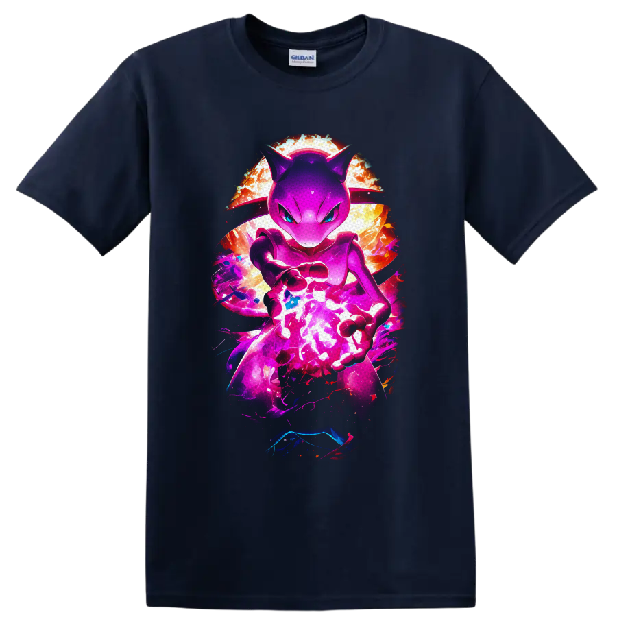 Mewtwo charging a glowing psychic energy orb in neon cosmic anime-style artwork on a Navy (Blue) T Shirt