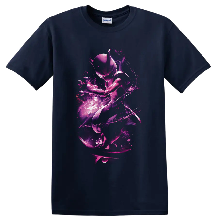 Mewtwo in a purple neon psychic energy aura with swirling light trails on a Navy (Blue) T Shirt