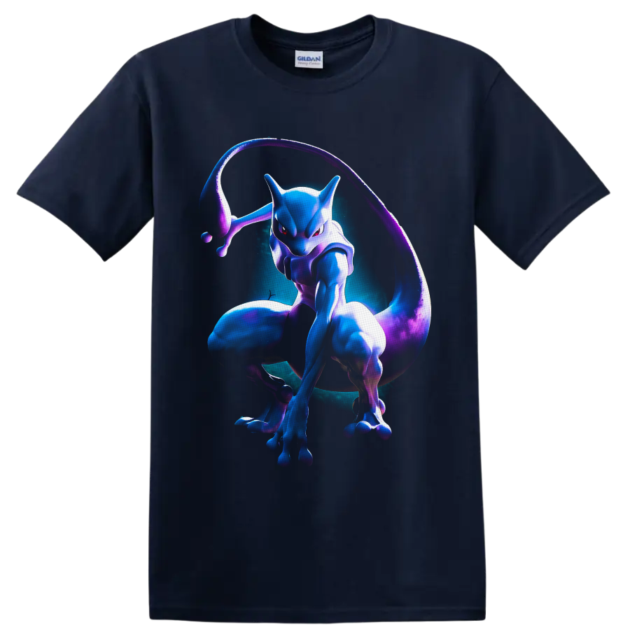 Mewtwo in neon blue and purple psychic aura character art on a Navy (Blue) T Shirt