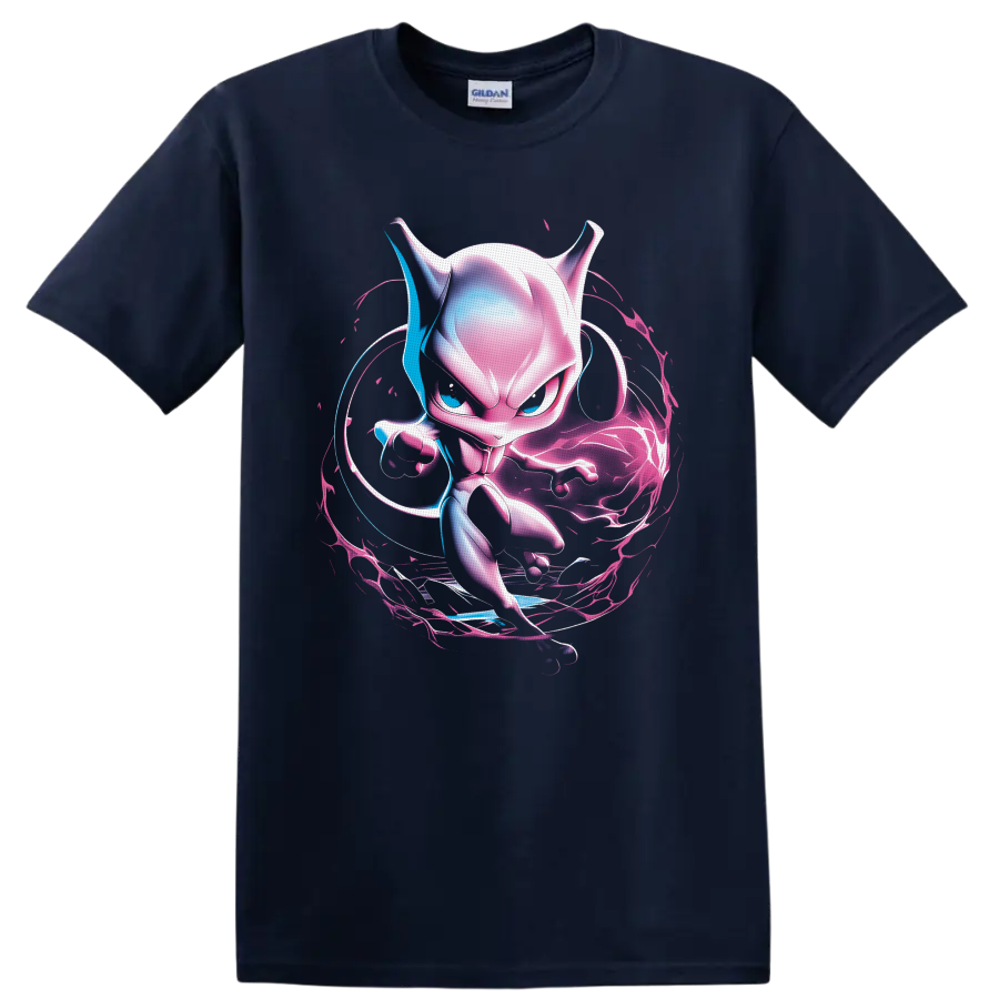 Mewtwo neon psychic energy artwork with pink, violet, and blue swirling aura on a Navy (Blue) T Shirt