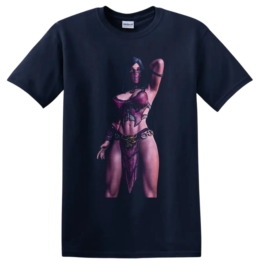Mileena masked warrior in purple armor with glowing eyes and raised-arm pose on a Navy (Blue) T Shirt