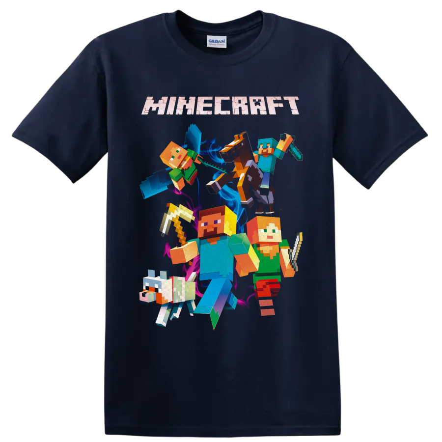 Minecraft Steve and Alex pixel art with wolf, horse, sword, pickaxe, and logo on a Navy (Blue) T Shirt