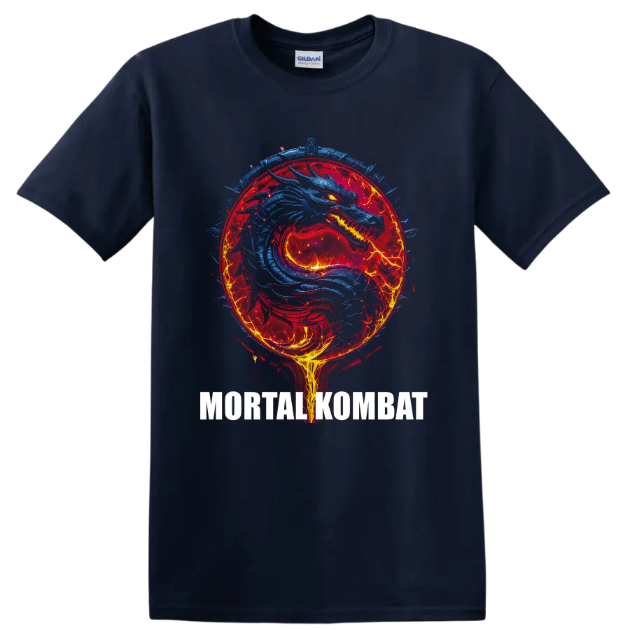 Blue dragon in a fiery red Mortal Kombat emblem with electric fantasy battle art on a Navy (Blue) T Shirt