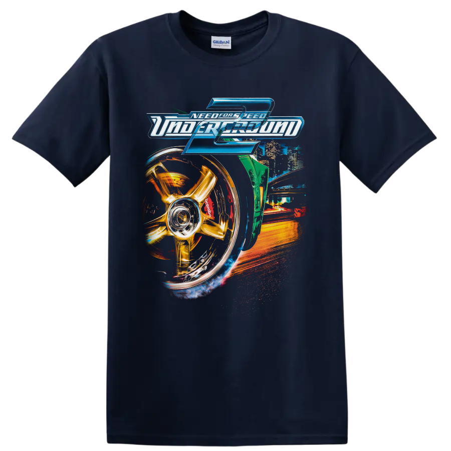 Need for Speed Underground 2 logo with gold wheel, neon city, and street racing artwork on a Navy (Blue) T Shirt