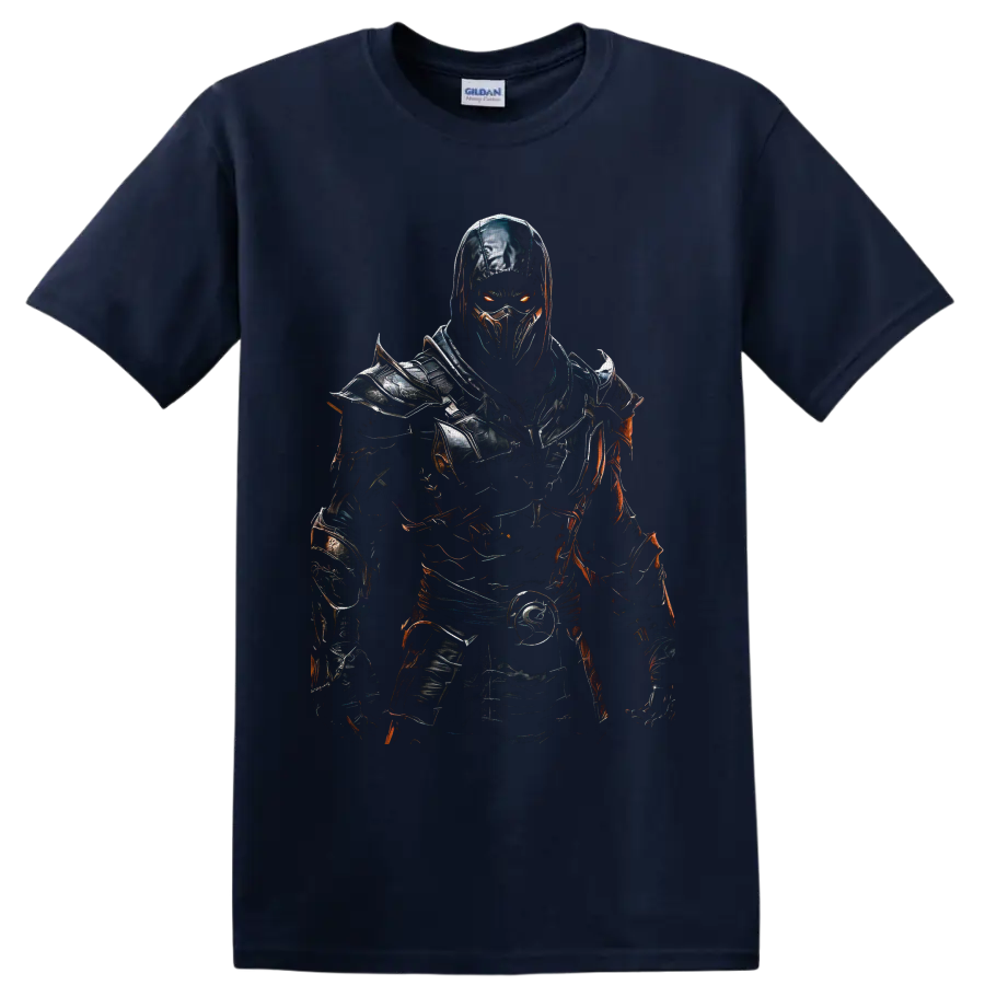 Noob Saibot Mortal Kombat shadow ninja in dark armor with glowing orange eyes on a Navy (Blue) T Shirt