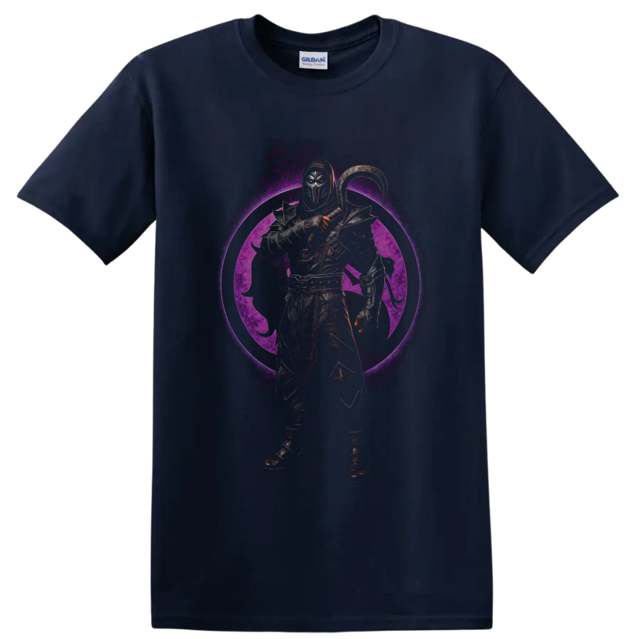 Noob Saibot armored shadow ninja with curved weapon and purple dragon emblem on a Navy (Blue) T Shirt