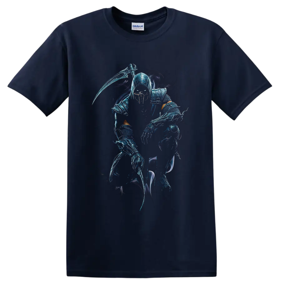 Noob Saibot shadow ninja with scythe, icy blue armor, and spectral smoke on a Navy (Blue) T Shirt