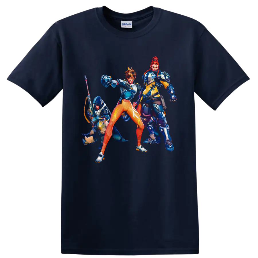 Tracer, Brigitte, and Ana in vivid Overwatch sci-fi hero squad artwork on a Navy (Blue) T Shirt