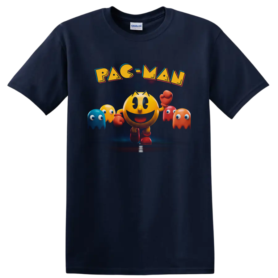Pac-Man arcade fighter with colorful Ghosts and bold retro lettering on a Navy (Blue) T Shirt