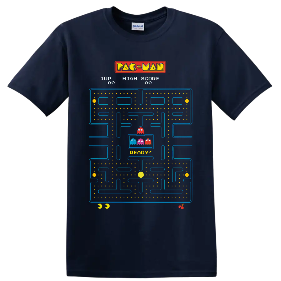 Pac-Man arcade maze with colorful Ghosts, dots, fruit icons, and score graphics on a Navy (Blue) T Shirt