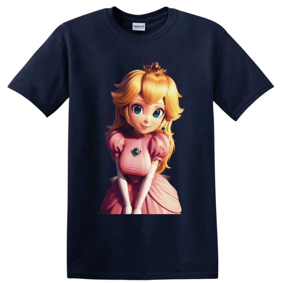Princess Peach anime-style royal portrait with pink gown, jeweled crown, and blue gems on a Navy (Blue) T Shirt
