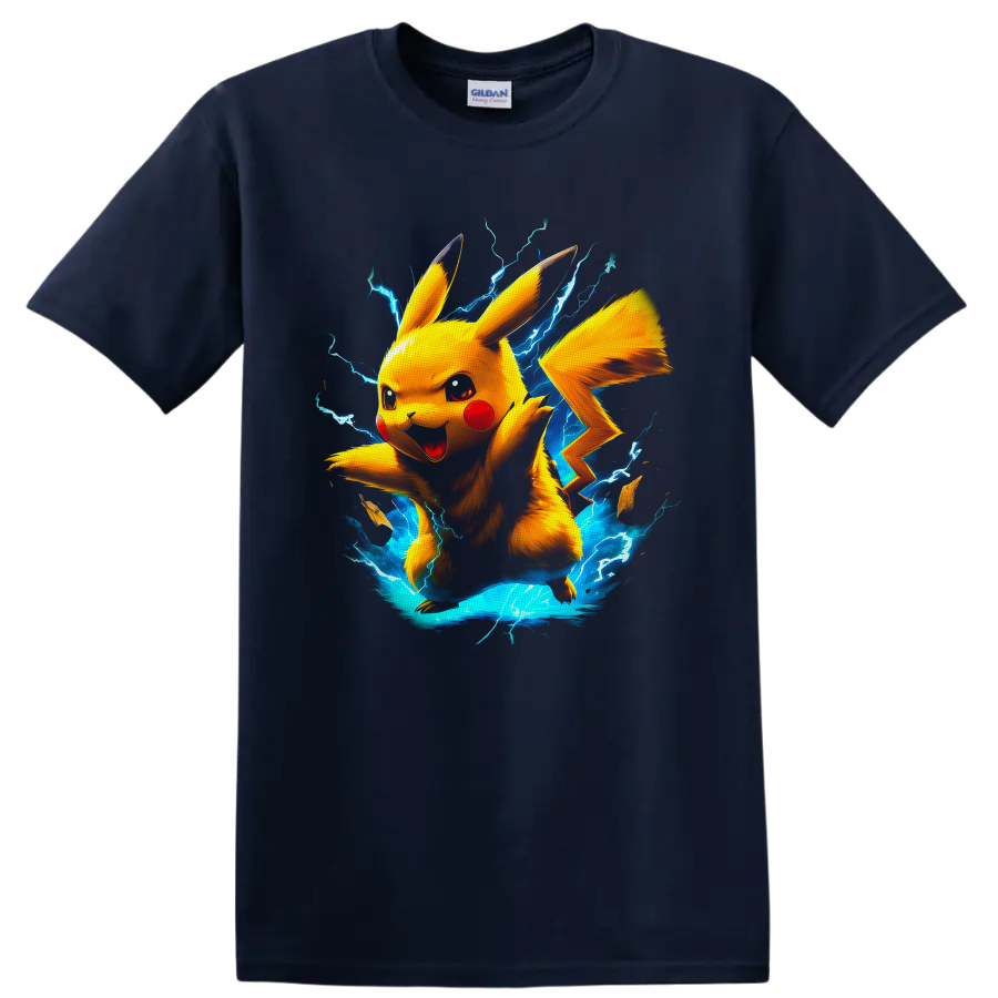 Pikachu with blue lightning in a vivid anime-inspired electric action graphic on a Navy (Blue) T Shirt