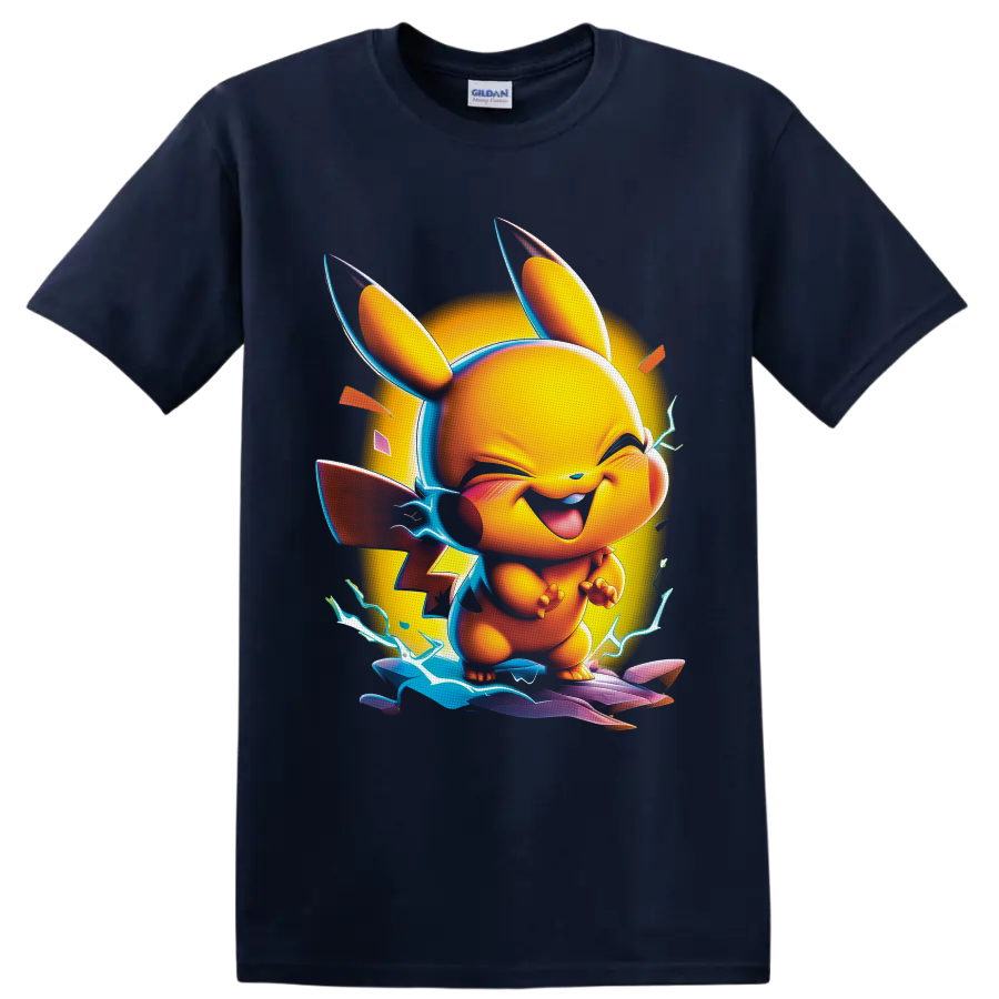 Pikachu neon cartoon with electric lightning, glowing circle, and colorful energy waves on a Navy (Blue) T Shirt