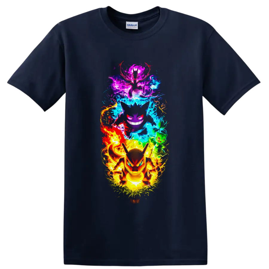 Charizard, Gengar, Mewtwo and Bulbasaur in vivid neon elemental energy art on a Navy (Blue) T Shirt