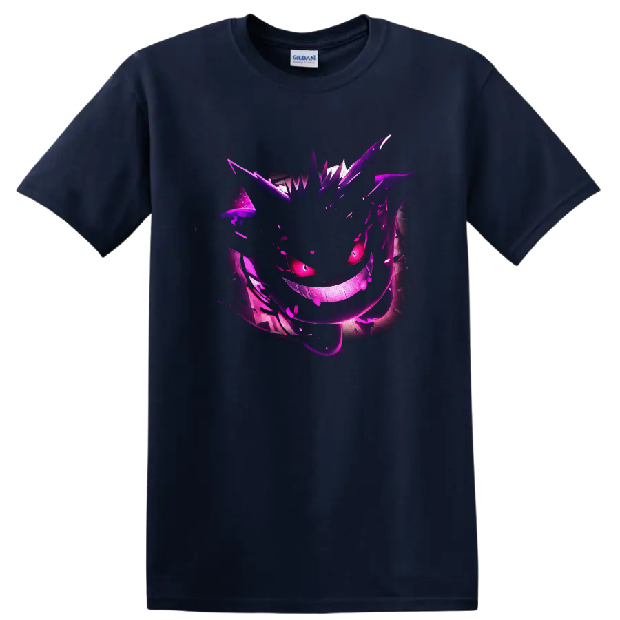 Gengar Pokémon neon purple ghost artwork with glowing eyes and a wide grin on a Navy (Blue) T Shirt