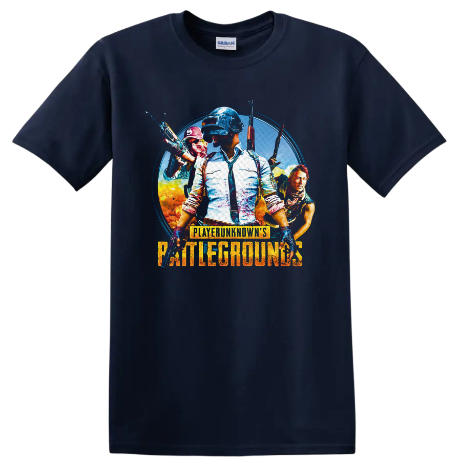 PUBG Battlegrounds helmeted soldier and armed squad action poster graphic on a Navy (Blue) T Shirt