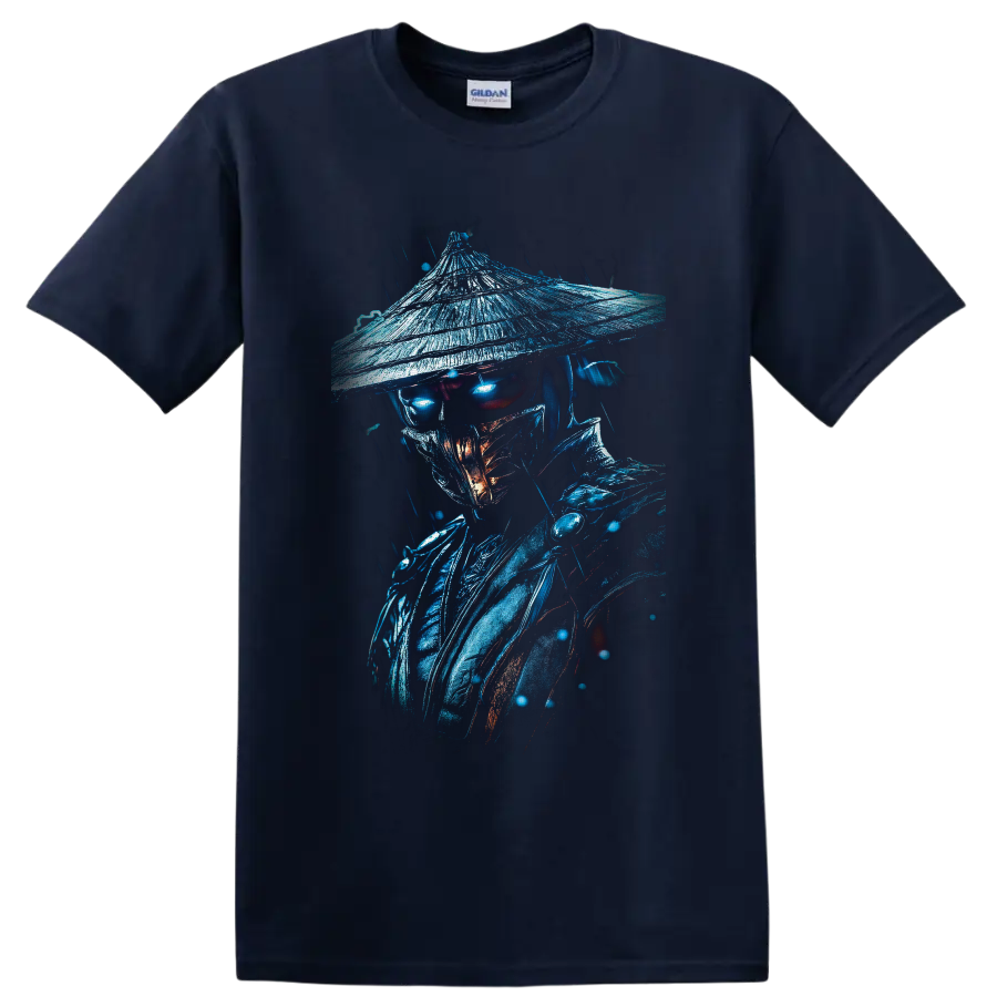 Raiden in rain with glowing blue eyes, straw hat, and dark fantasy armor on a Navy (Blue) T Shirt