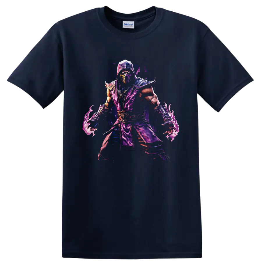 Rain Mortal Kombat purple masked ninja with armor and swirling water energy on a Navy (Blue) T Shirt
