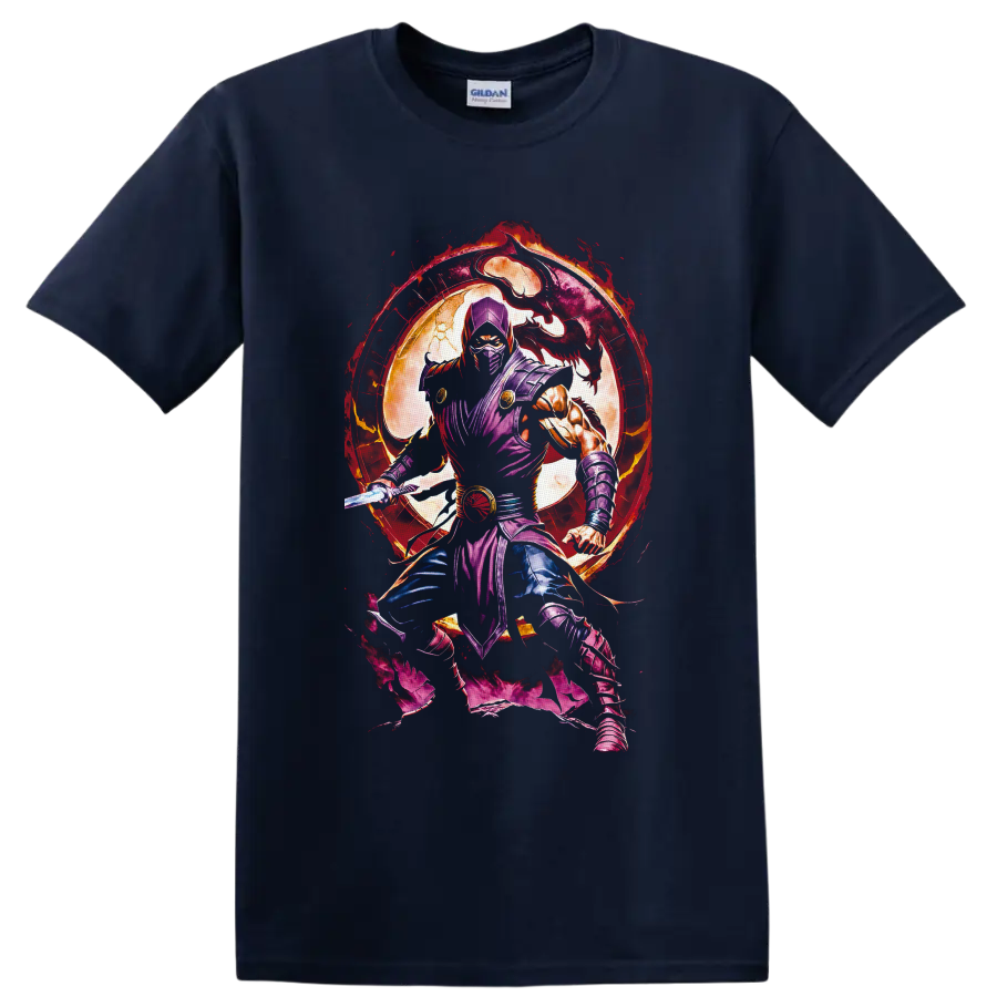 Rain purple ninja with sword, dragon silhouette, full moon, and fiery portal on a Navy (Blue) T Shirt