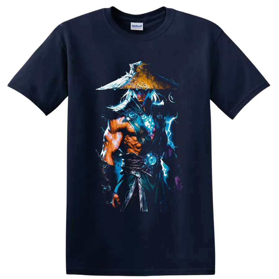 Raiden in straw hat with blue lightning, rain splashes, and anime-inspired warrior art on a Navy (Blue) T Shirt