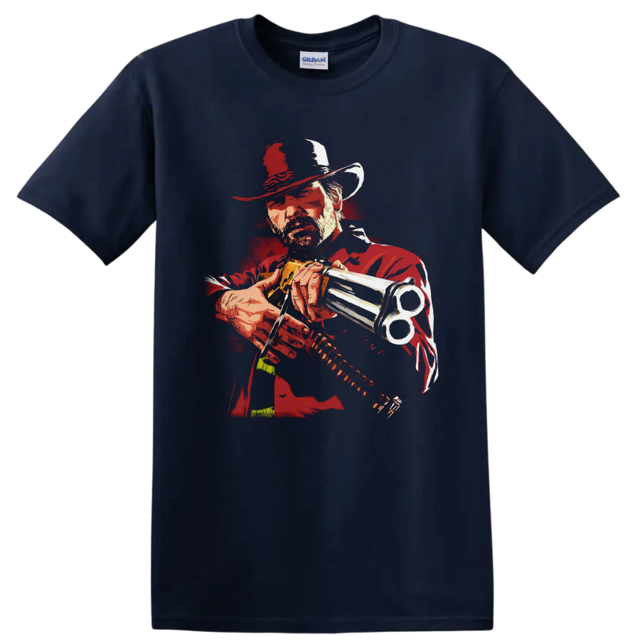 Arthur Morgan revolver portrait in distressed red western illustration style on a Navy (Blue) T Shirt