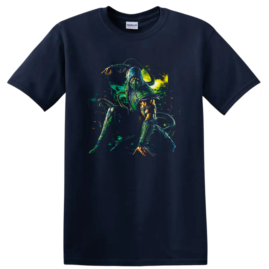 Reptile Mortal Kombat cyber ninja with glowing eyes, claws, and coiled tail on a Navy (Blue) T Shirt
