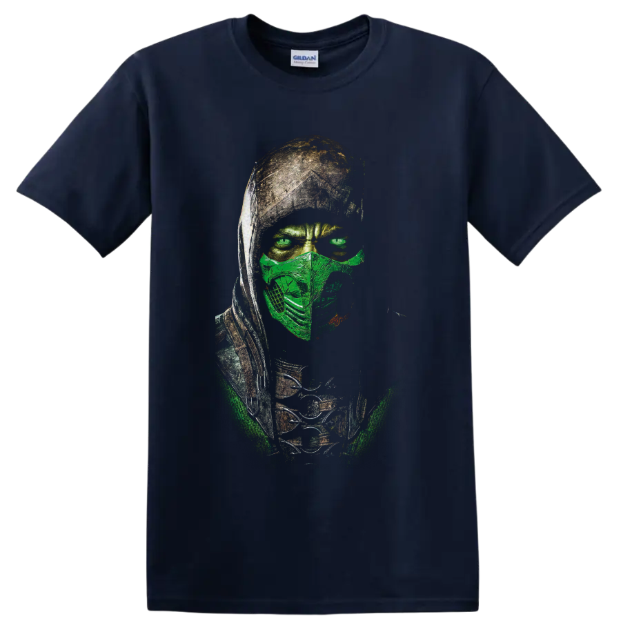 Reptile Mortal Kombat masked green ninja warrior portrait in distressed graphic style on a Navy (Blue) T Shirt
