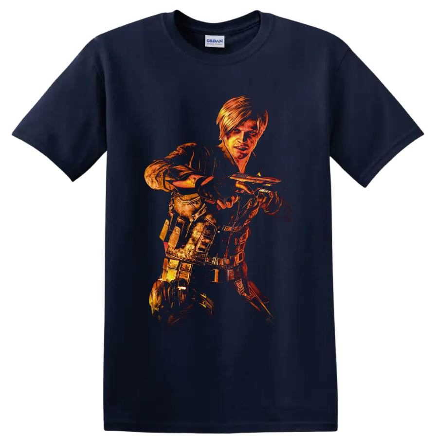 Leon Kennedy Resident Evil 6 fiery distressed tactical handgun action artwork on a Navy (Blue) T Shirt