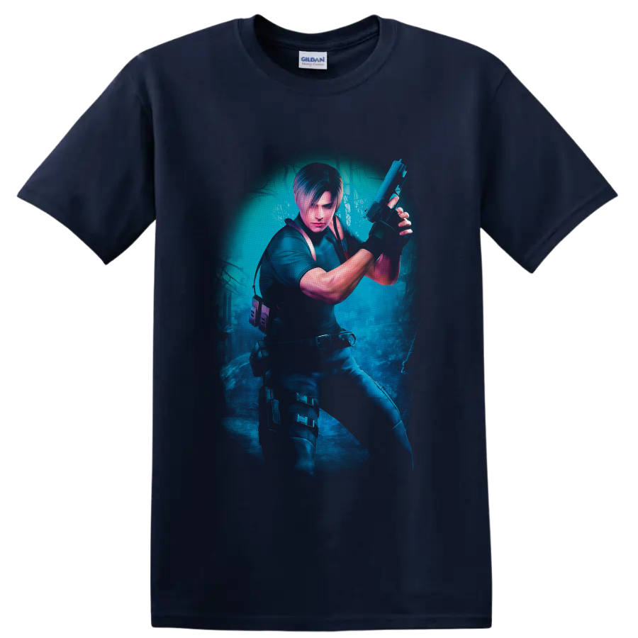 Leon Kennedy tactical action artwork in a misty blue survival-horror forest on a Navy (Blue) T Shirt