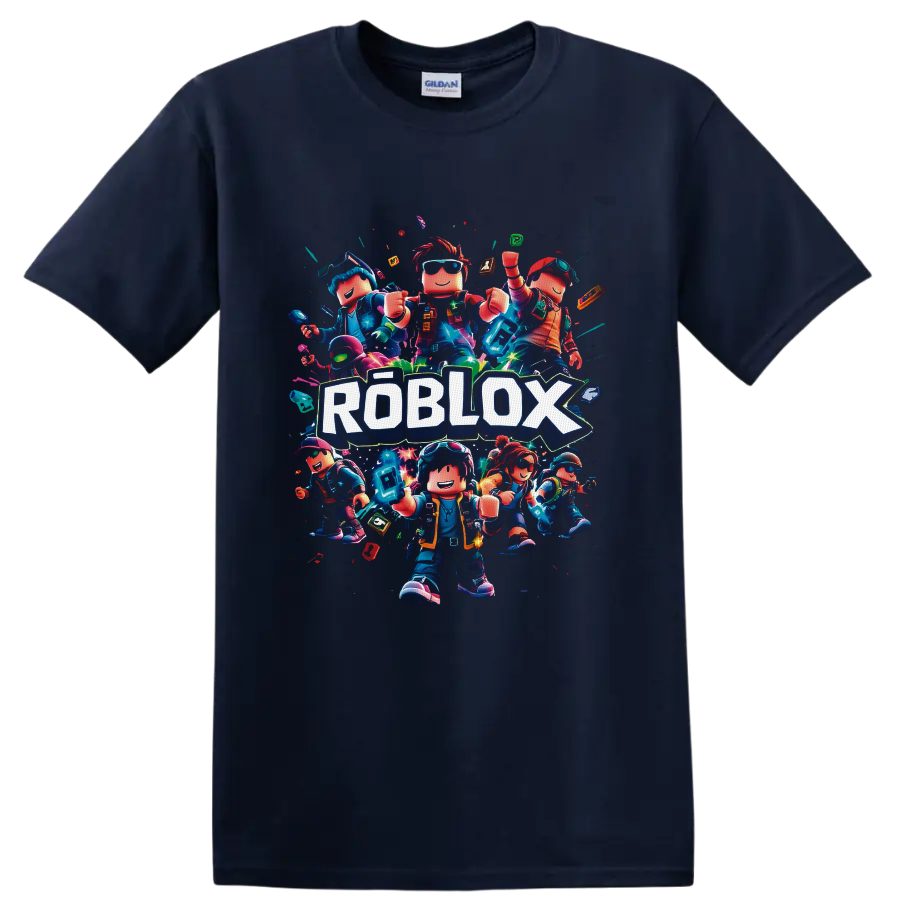 Roblox Characters neon block-avatar squad graphic with bold ROBLOX lettering on a Navy (Blue) T Shirt
