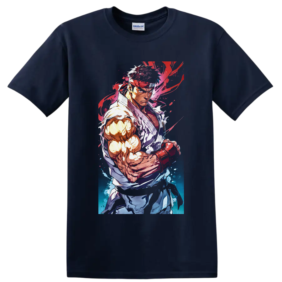 Ryu Street Fighter martial arts fighter in vibrant red and blue watercolor anime style on a Navy (Blue) T Shirt
