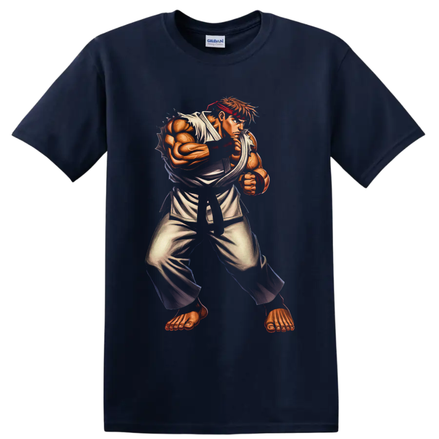 Ryu Street Fighter martial arts warrior in retro arcade illustration on a Navy (Blue) T Shirt