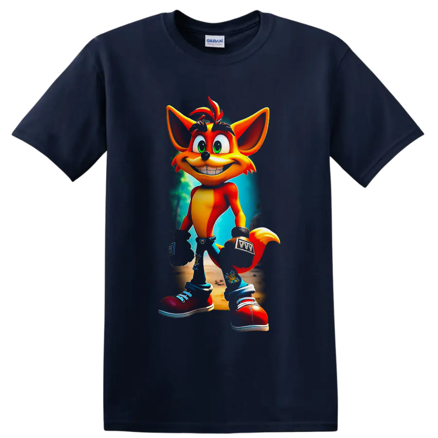 Crash Bandicoot cartoon character with a teal jungle-style background on a Navy (Blue) T Shirt