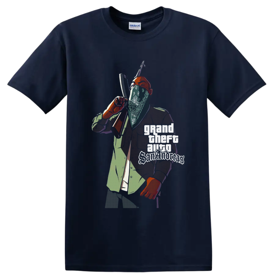 Grand Theft Auto San Andreas gangster illustration with rifle and stacked logo text on a Navy (Blue) T Shirt