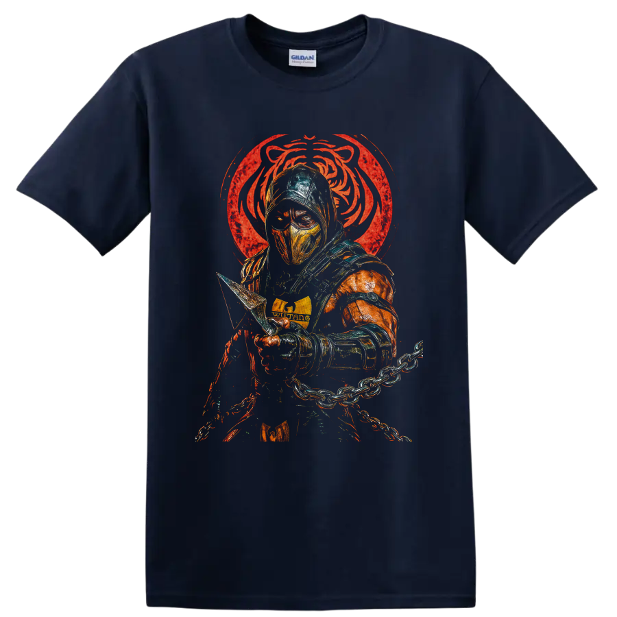 Scorpion masked ninja with spear chain and distressed red dragon emblem on a Navy (Blue) T Shirt