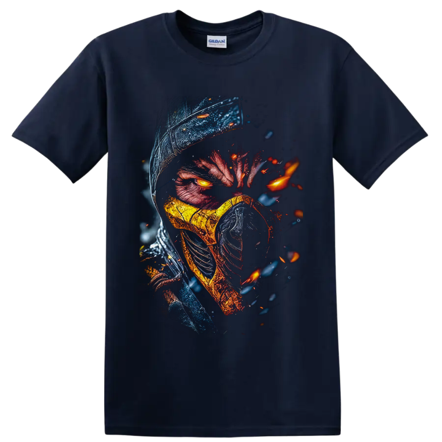 Scorpion in a hood and gold mask with glowing eyes and fiery embers on a Navy (Blue) T Shirt