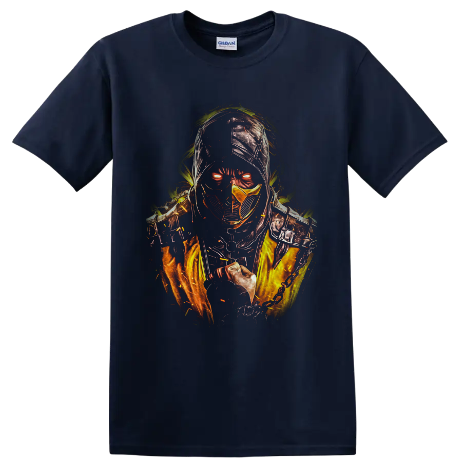 Scorpion Mortal Kombat fiery hooded ninja graphic with glowing eyes and chain weapon on a Navy (Blue) T Shirt