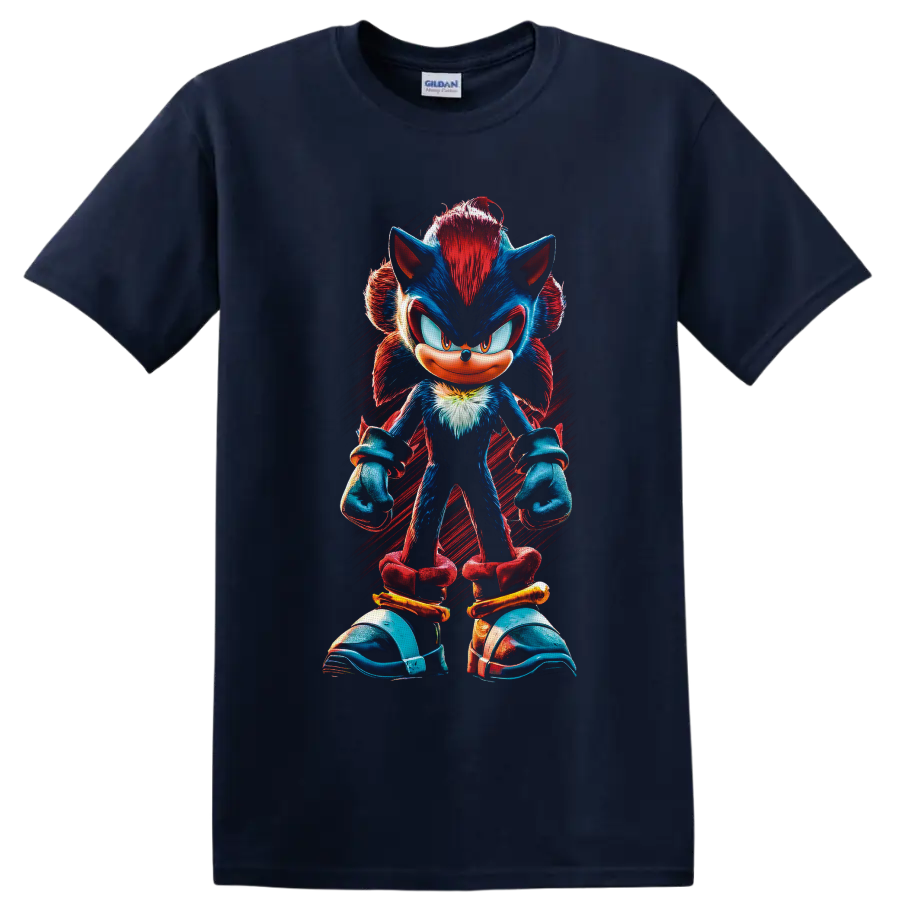 Shadow the Hedgehog full-body red and blue character art with red brushstroke background on a Navy (Blue) T Shirt