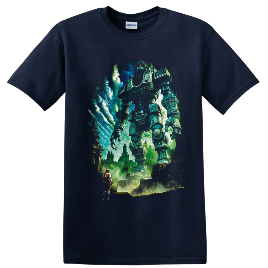 Towering Colossus guardian above a lone adventurer in painterly fantasy ruins on a Navy (Blue) T Shirt