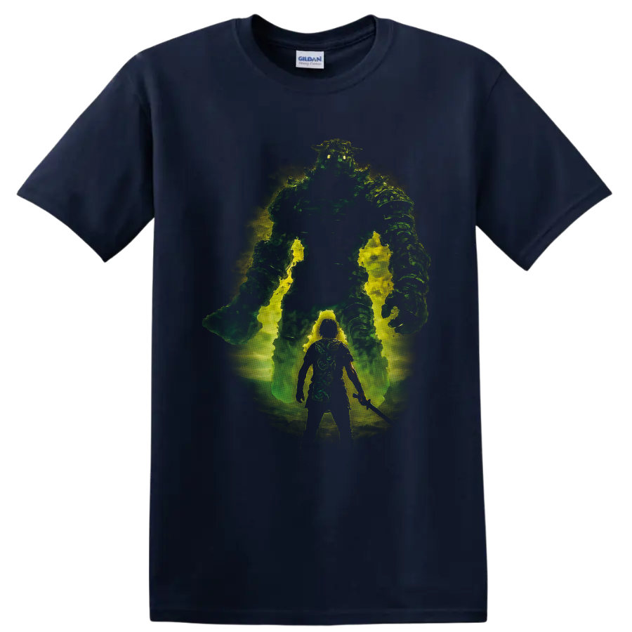 Shadow of the Colossus warrior facing a glowing green Colossus in distressed fantasy art on a Navy (Blue) T Shirt