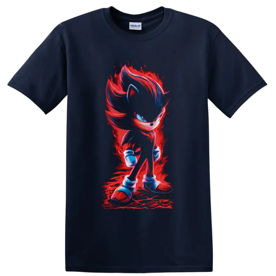 Shadow the Hedgehog with red energy aura and blue painterly highlights on a Navy (Blue) T Shirt