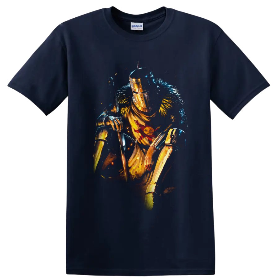 Solaire of Astora in gold armor with sword and sun emblem, painterly fantasy art on a Navy (Blue) T Shirt