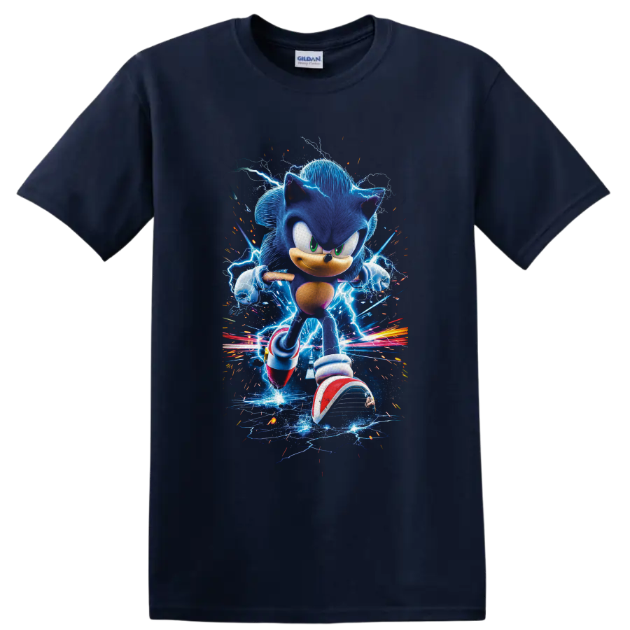 Sonic the Hedgehog running through electric blue lightning and colorful speed trails on a Navy (Blue) T Shirt