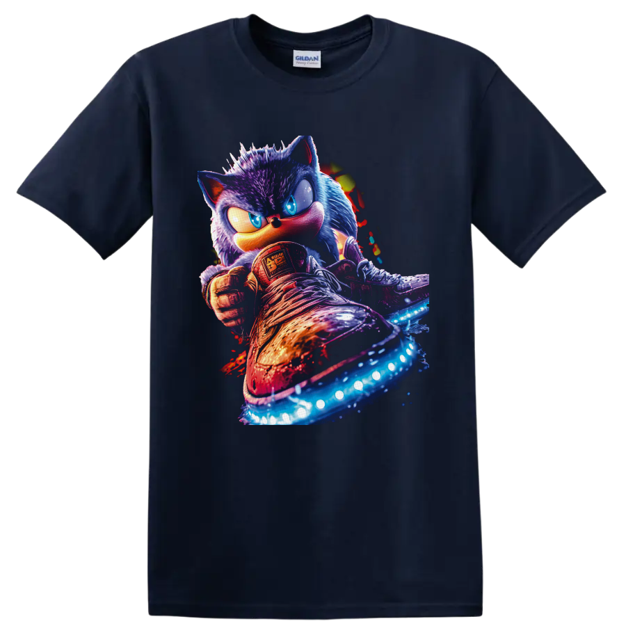 Sonic the Hedgehog neon action portrait with glowing sneakers and splatter effects on a Navy (Blue) T Shirt