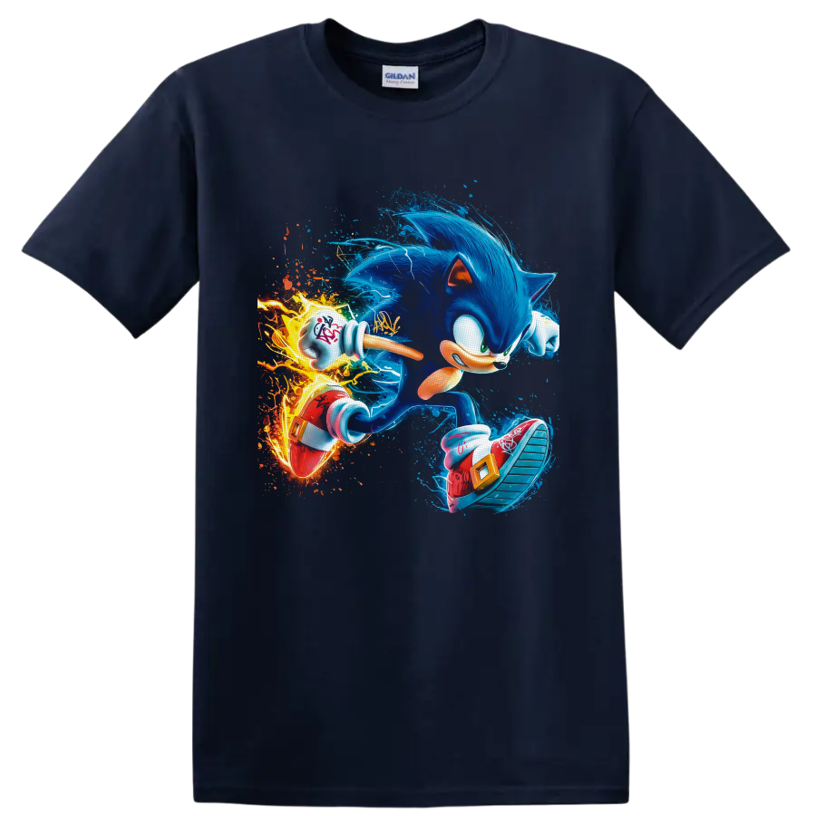 Sonic the Hedgehog sprinting through electric blue trails and fiery digital art on a Navy (Blue) T Shirt