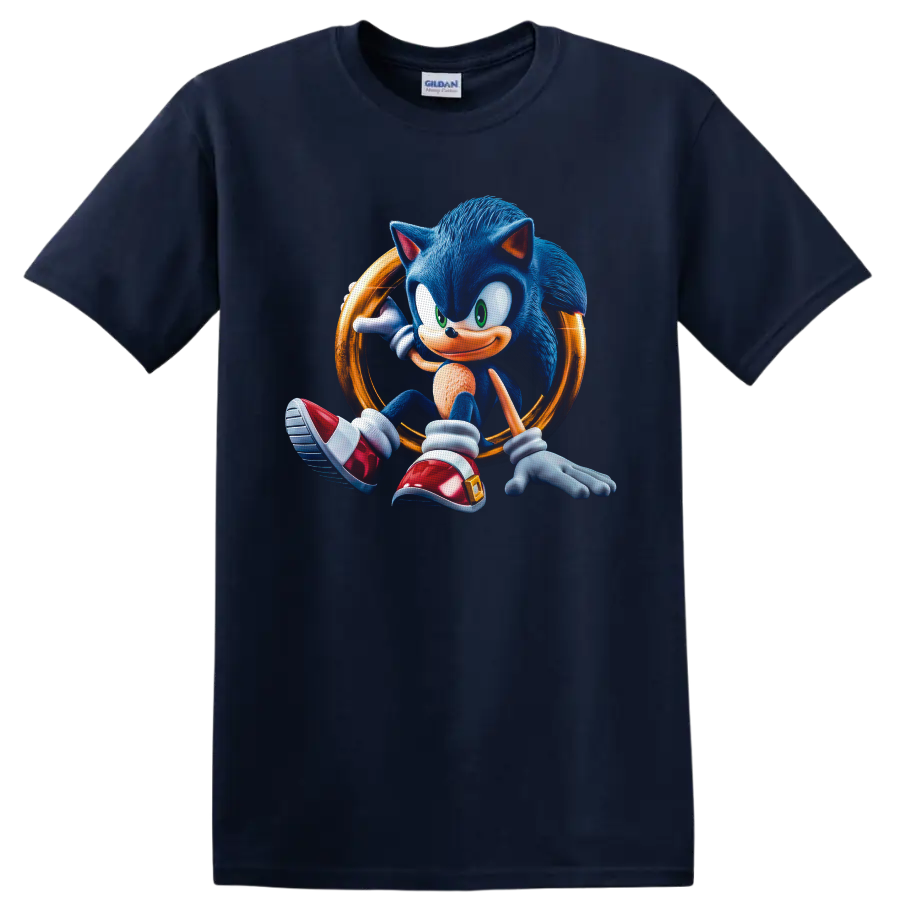 Sonic the Hedgehog seated in a glowing golden ring, detailed retro game character art on a Navy (Blue) T Shirt