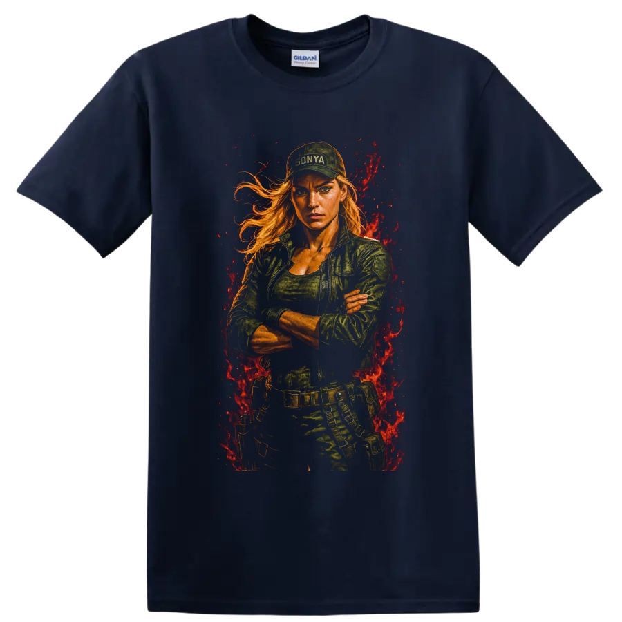 Sonya Blade tactical fighter portrait with flames from Mortal Kombat on a Navy (Blue) T Shirt