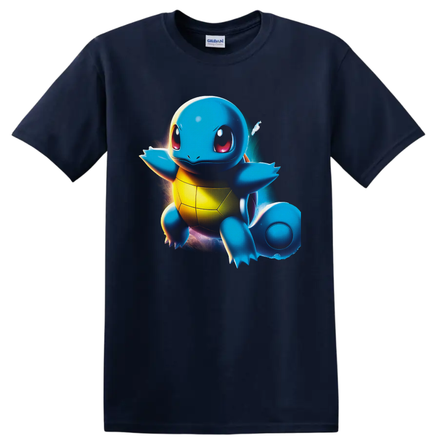 Squirtle Pokémon with glowing cosmic backdrop and vivid digital-art highlights on a Navy (Blue) T Shirt