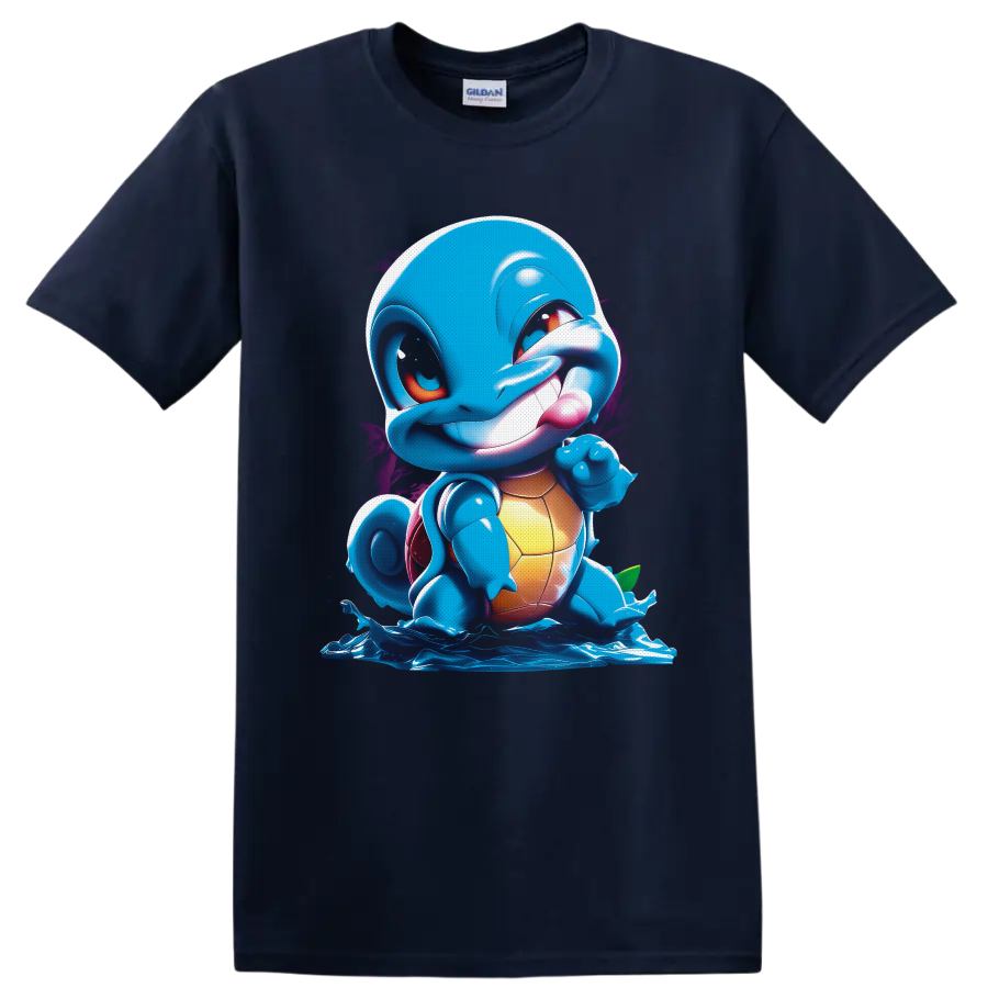 Squirtle in glossy cartoon water splash art with purple paint accents on a Navy (Blue) T Shirt
